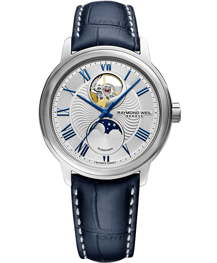 Raymond Weil Maestro Moon Phase with Open-heart silver dial on blue leather