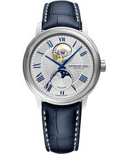 Load image into Gallery viewer, Raymond Weil Maestro Moon Phase with Open-heart silver dial on blue leather