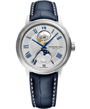 Raymond Weil Maestro Moon Phase with Open-heart silver dial on blue leather