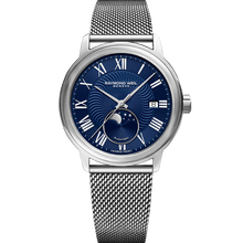 Load image into Gallery viewer, Raymond Weil Maestro Moonphase Blue on mesh bracelet